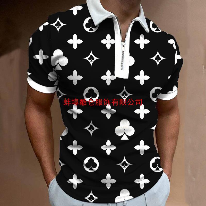 Foreign trade Amazon spring and summer new men's lapel shirt digital printing fashion casual zipper short sleeve polo shirt