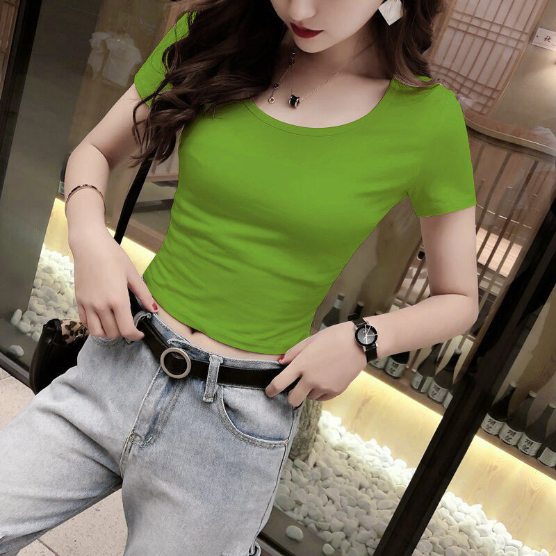 Factory Wholesale Street Stall Pure Cotton Round Neck T-Shirt for Women 2022 New Tight Top Short Bottoming Shirt Dropshipping