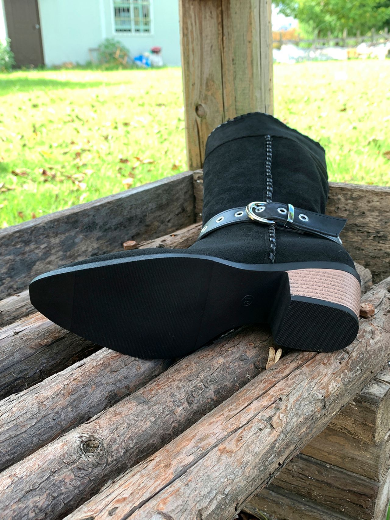 Women's Black Suede Cowboy Boots With Buckle Detail Mid Heel_voghion.com