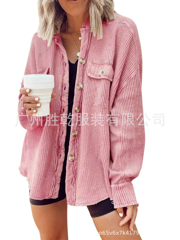 2025欧美跨境外贸秋冬拼接针织开衫外套女时尚休闲小立领口袋华夫|undefined