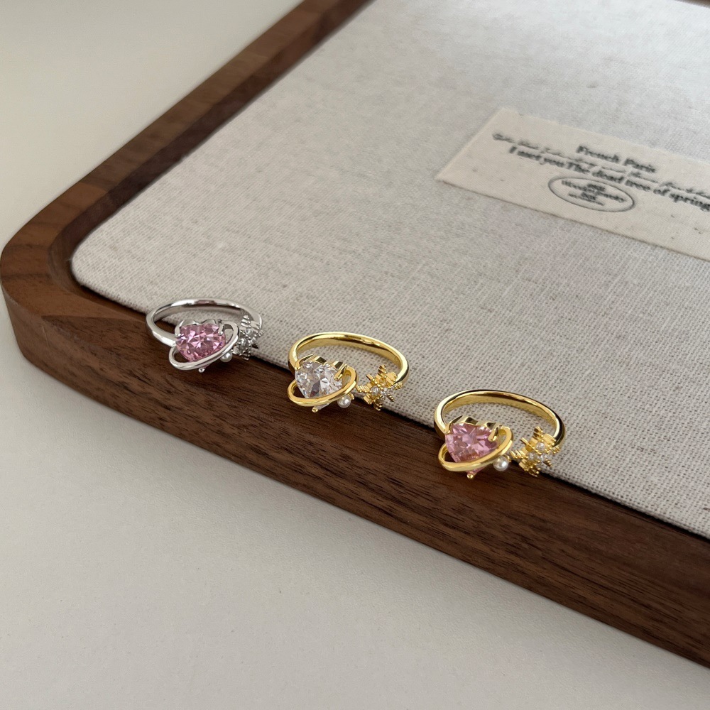 Heart Shape Pattern 925 Sterling Silver Zircon Heart Shape Open Rings