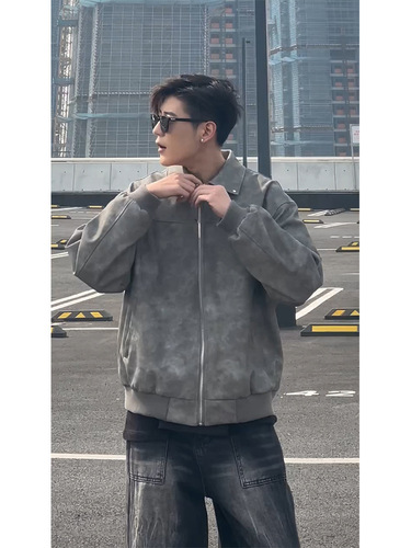 Cleanfit Gray Short-Length Leather Jacket American Grit Stylish High-End Men's Clothing Retro Collar Motorcycle Leather Jacket