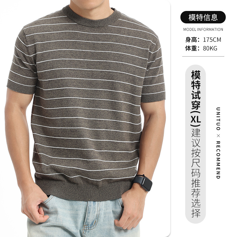 T-shirt de manga corta de punto a rayas de hombre verano de cuello redondo blusa de color contrastante de negocios casual versátil blusa de punto hombre