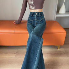 怀旧蓝弹力阔腿牛仔裤女秋装2025年新款双扣高腰直筒遮胯梨形长裤