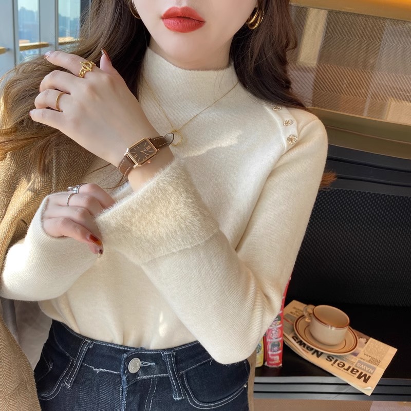 Camisa de fondo de punto de cuello alto para mujer con suéter de terciopelo de una pieza de estilo occidental Otoño e Invierno 2023 nuevo top de alta calidad