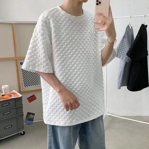 Men's 2025 Half-Sleeve Ins Trendy Loose 5-Button Collared T-Shirt with Hong Style Honeycomb Pattern