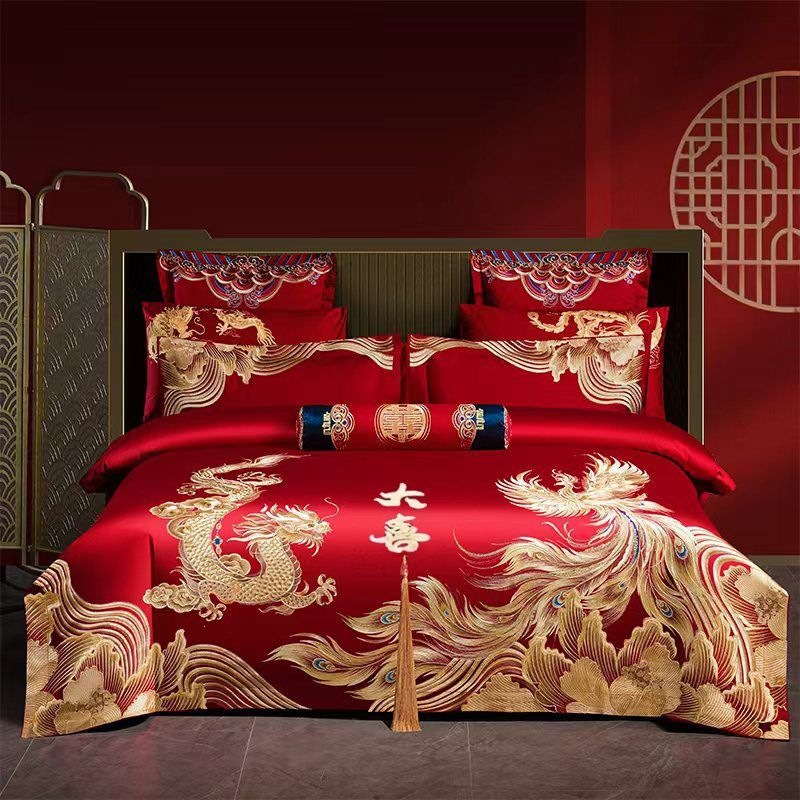 Cuatro piezas de boda china dragón-fénix bordado sábanas de boda rojas casa de boda colcha de cama image 29