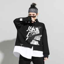 春秋冬欧美女装新款卫衣绒衫印花高领拼接假两件加绒T恤休闲外套