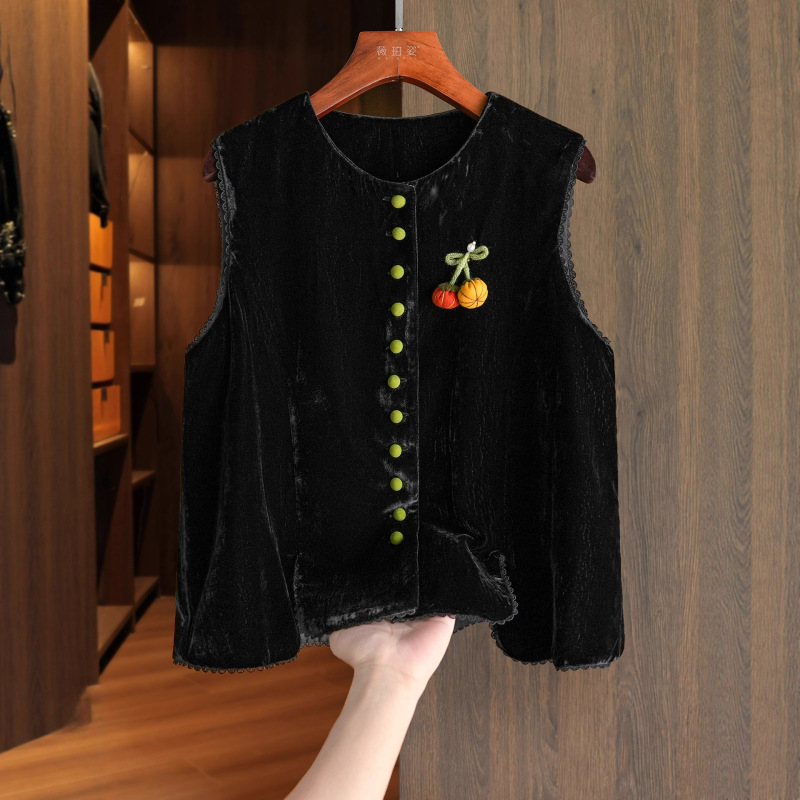 Western Style Age-Reducing Gold Velvet Vest for Women 2025 Early Autumn New Round Neck Lace Pumpkin Decorative Top Western Style Age-Reducing Gold Velvet Vest for Women 2025 Early Autumn New Round Neck Lace Pumpkin Decorative Top