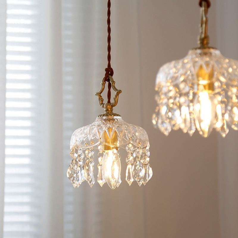 French-Style Brass Crystal Small Pendant Light, Vintage Hallway Balcony Bedside Entrance Bar Counter Western-Style Glass Long Line Retro Style French-Style Brass Crystal Small Pendant Light, Vintage Hallway Balcony Bedside Entrance Bar Counter Western-Style Glass Long Line Retro Style