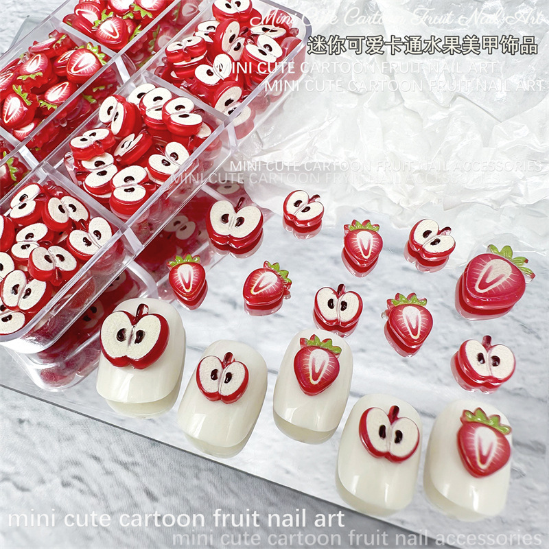 Apple, small cartoon strawberry, decorations, nail decoration for nails, hair accessory, nail stickers with accessories, fake nails, new collection, DIY