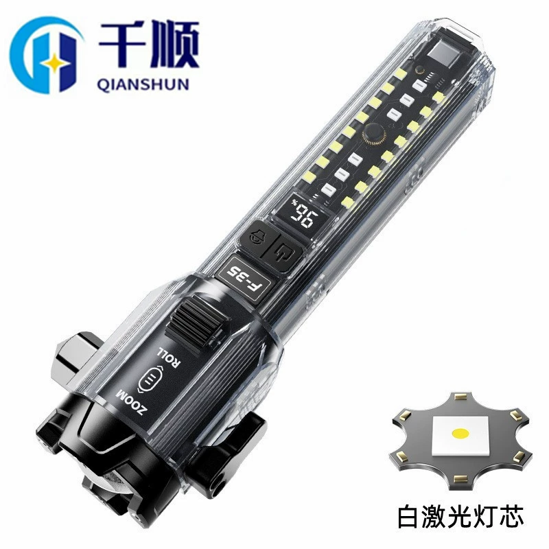 Новый трансграничный многофункциональный мощный фонарик дальнего действия, уличный молоток для разбивания окон, роликовый зум, двойной источник света, перезаряжаемый фонарик