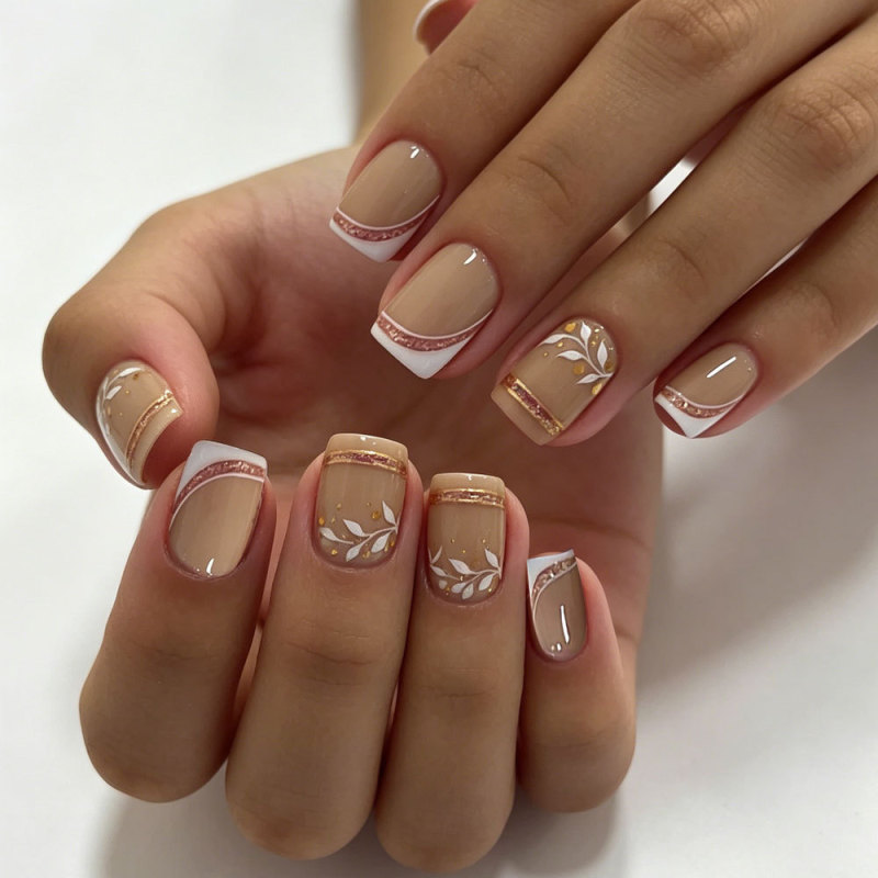 Ins-Style French Short Square Press-On Nails with Hand-Painted Gold Glitter Lines, Light Luxury Detachable Fake Nails