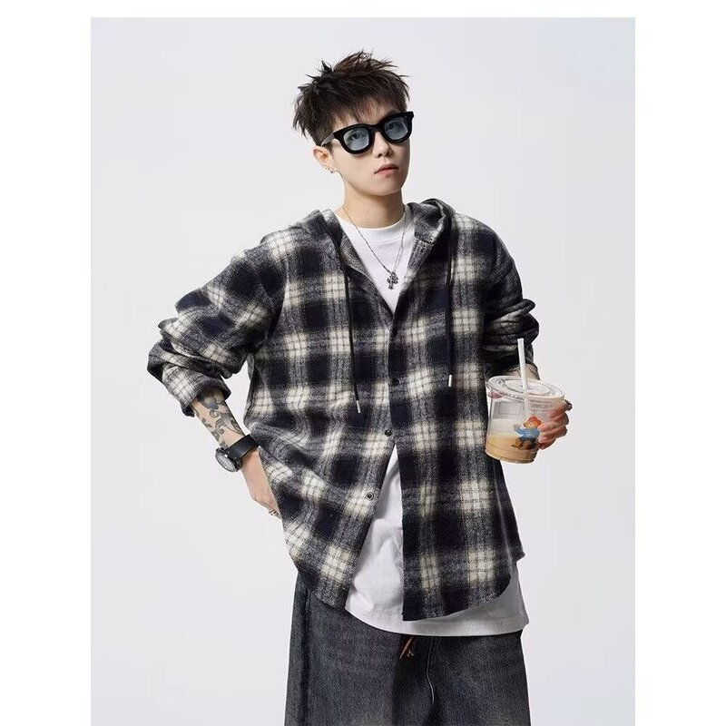 American Trendy Brand Hooded Plaid Shirt Retro Casual Men and Women Couple Autumn Shirt Loose Lazy Jacket