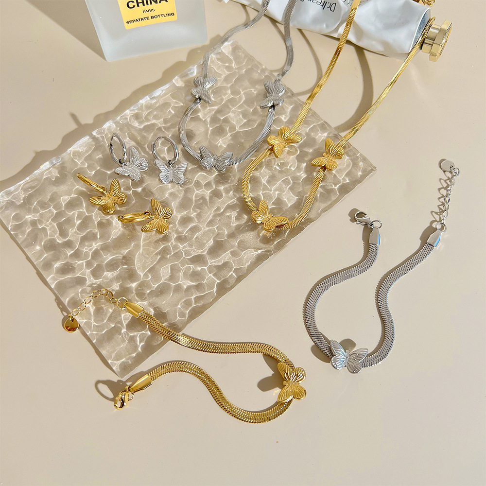 Womenu0027S Fashion Butterfly Stainless Steel Bracelets Ear Studs Necklace No Inlaid Jewelry Sets