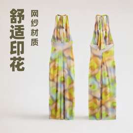 亚马逊za女装夏高级感印花绢网蝴蝶结系带露背无袖海边氛围感裙子