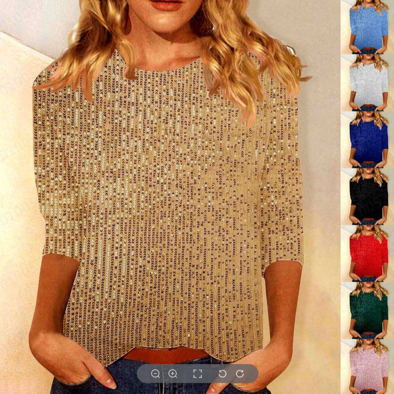 Amazon Ebay Cross-Border European and American Women's Commuting Sequin Three-Quarter Sleeve Loose Round Neck T-Shirt for Women, 15 Colors, in Stock