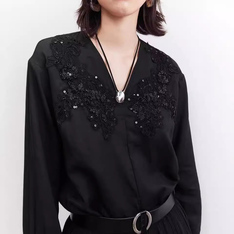 in stock South France Vacation Niche Lace Crocheted Top Korean V-Neck Long Sleeve Sunscreen Western Style Linen Shirt