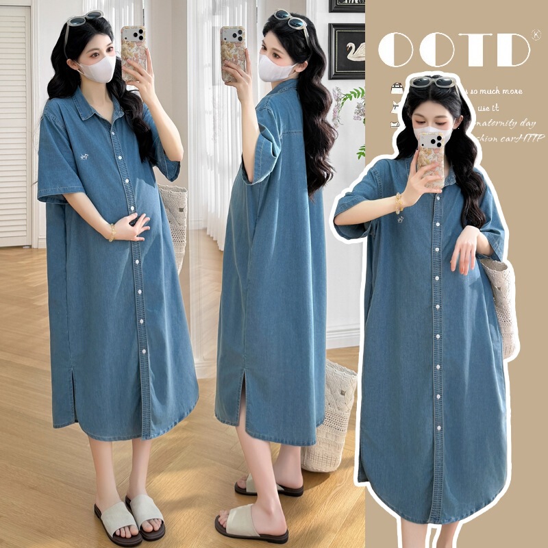 2026 Summer Maternity Wear Thin Washed Soft Denim Short-Sleeved Dress That Covers the Body, New Fashionable Lapel Maternity Dress