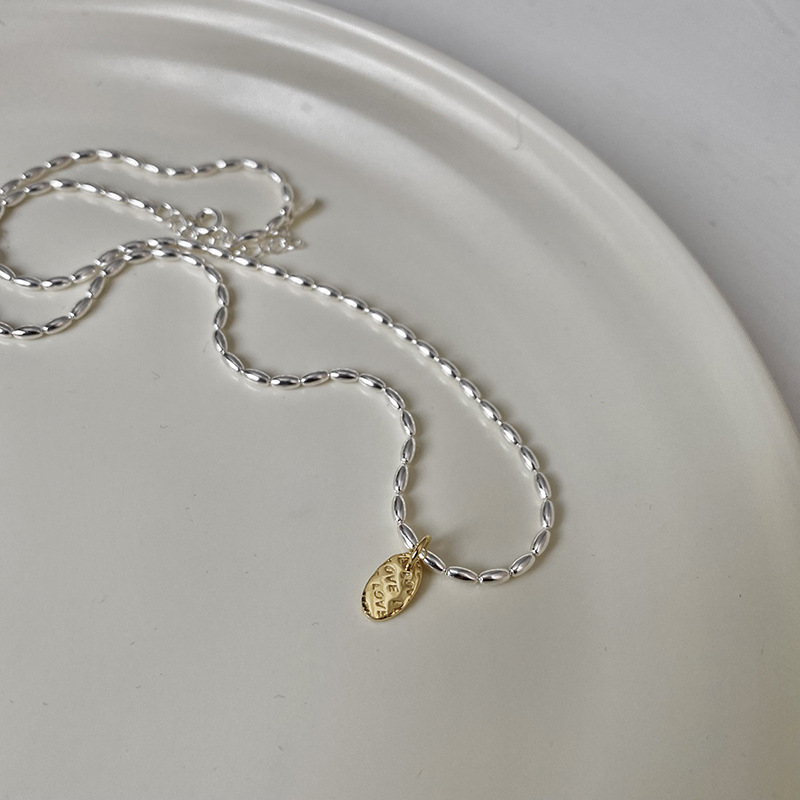 Japonés y coreano oro y plata amor collar arroz grano cuentas de oliva 925 plata esterlina nicho diseño clavícula cadena femenina joyería de plata de alto grado