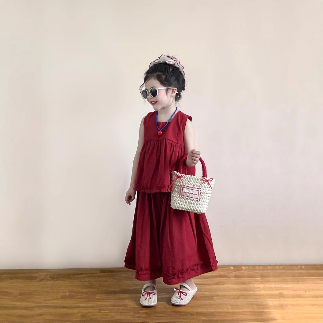 2025女童夏季红色节日款棉麻木耳边无袖上衣+宽松大阔腿裤套装