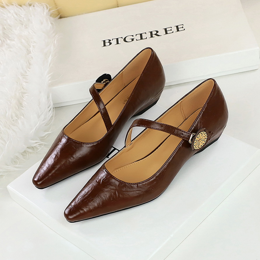 3683-5K92 Vintage Elegant Fashion Women's Shoes Shallow Pointed Toe Wedge Heel Strap Single Shoe With Round Metal_vogvips.com