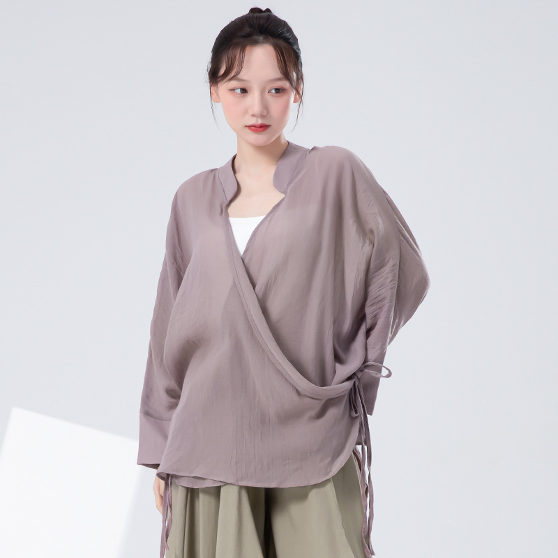 中国禅意风新中式宽松大舞蹈服女交叉小立领露背上衣古典舞练功服|undefined