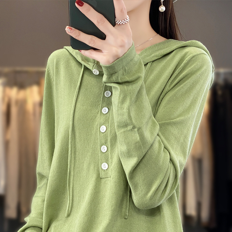 New Solid Color Hooded Wool Knitwear for Women, Spring & Fall Outer Wear and Inner Wear, Elegant Pullover, Slim Long-Sleeved Bottoming Shirt
