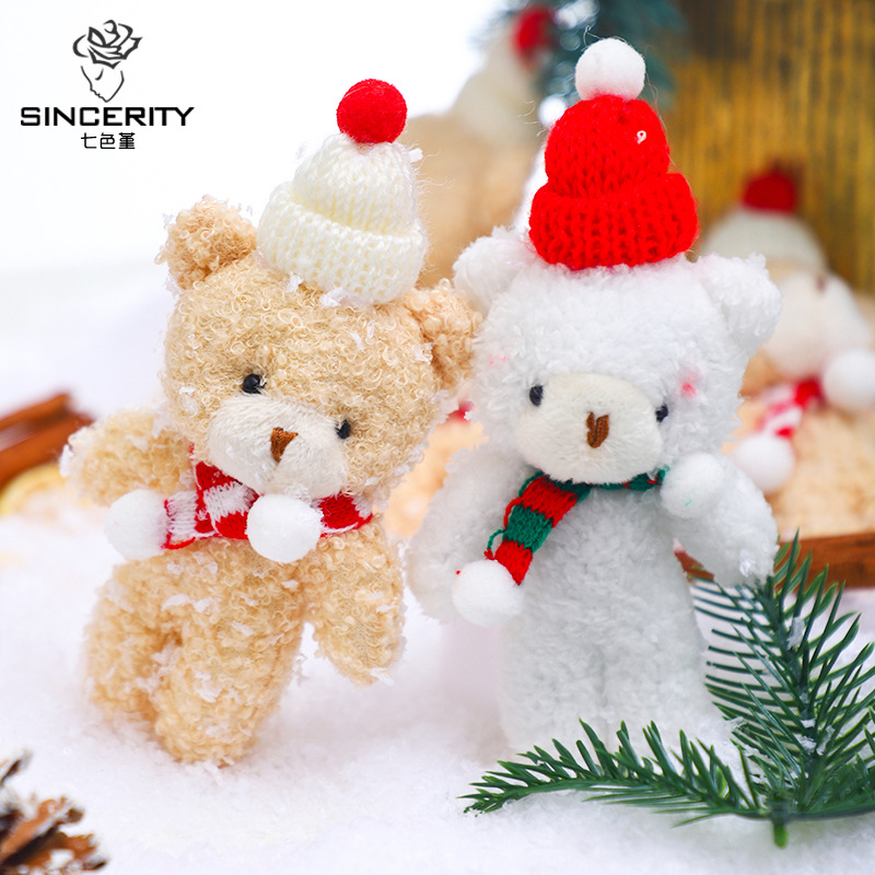 Navidad adorable peluche osos marrones horneado pastel decoración adornos con sombrero bufandas osos vestido de Nochebuena