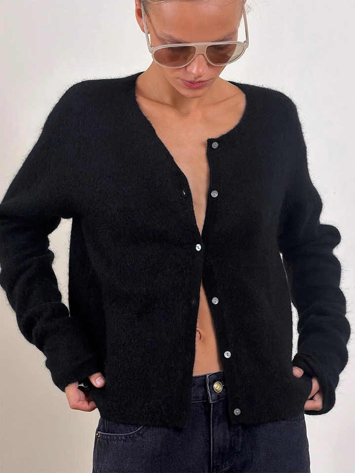 Áo cardigan len nữ cổ tròn dáng rộng cài khuy một hàng, dài tay, phong cách thanh lịch — Màu trắng, Xanh bạc hà, màu xám chi tiết 25