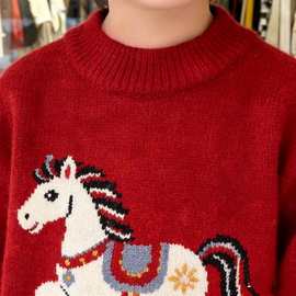 红色小马提花毛衣2025冬季设计感宽松慵懒风独特漂亮套头针织衫
