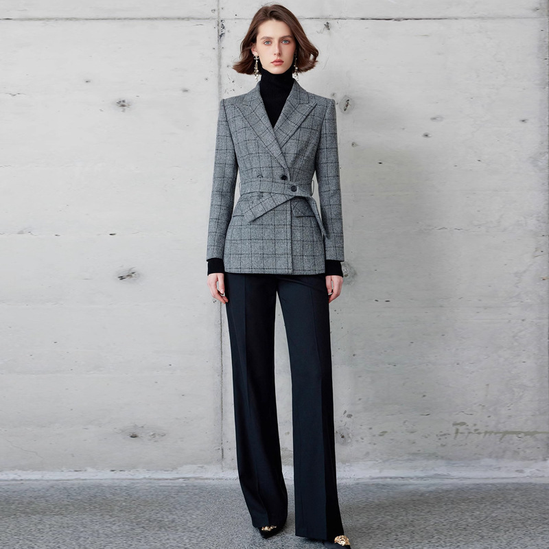 High-end Luxury suit Autumn and Winter British Style Dark Plaid Suit Jacket Women's Straight Suit Pants Two-piece Set