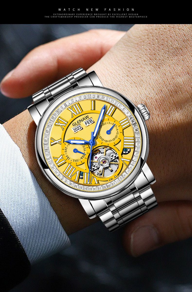 Đồng hồ nam cơ tự động Tourbillon lộ máy chống nước đa chức năng 8677 — 8677-Mặt đen vỏ bạc đai thép bạc, 8677-Vàng mặt bạc vỏ bạc đai thép chi tiết 8