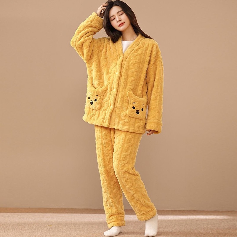 黄色小熊款家居服睡衣加绒加厚珊瑚绒开衫秋冬季2025年新款女保暖|undefined