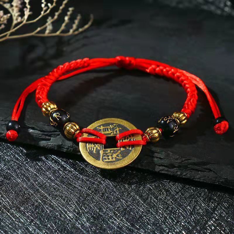 Men's and women's birth year real copper five emperors bracelet copper coin red rope bracelet adjustable diamond knot bracelet