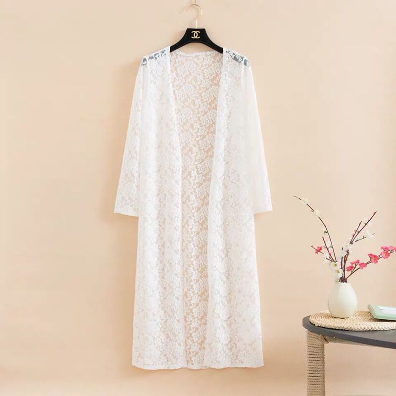 Korean 2026 Summer Long-Sleeve Plus-Size Air-Conditioning Shawl Jacket for Women, Mid-Length Hollow Lace Cardigan, Thin Ins Style