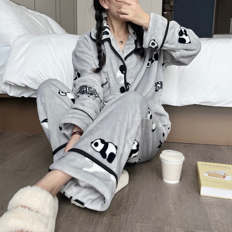 24 winter star with cute panda cat fleece-lined thickened warm flannel couple casual pajamas home clothes