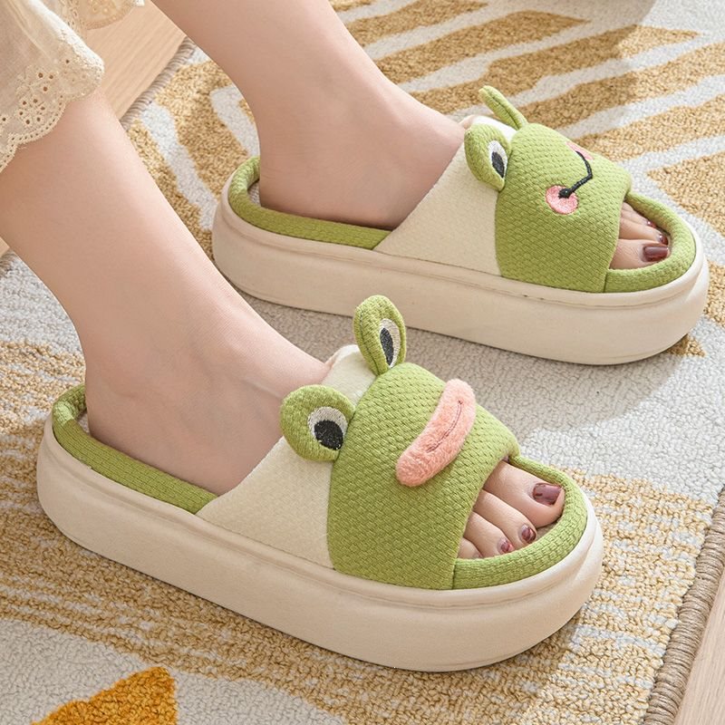 Cross-Border Frog-Themed Non-Slip Indoor Cute Cartoon Slippers for Couples, Suitable for Summer and All Seasons, Made of Linen, Universal for Adults