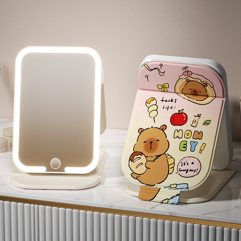 Espejo de dibujos animados Capibara pequeño espejo portátil espejo plegable luz tricolor LED espejo de maquillaje espejo de vestir para estudiantes