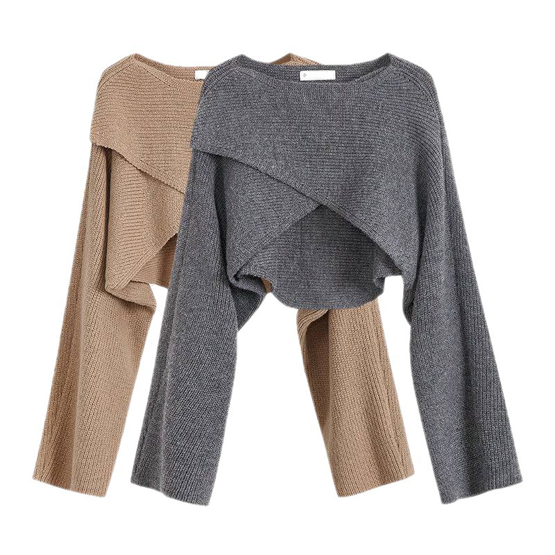 Cruz suéter más tamaño ropa de mujer grasa irregular corto suéter de punto otoño diseño sentido nicho ombligo Cruz larga image 4