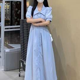 大码胖夏季新款高级感气质收腰显瘦裙子娃娃领蓝条衬衫连衣裙女
