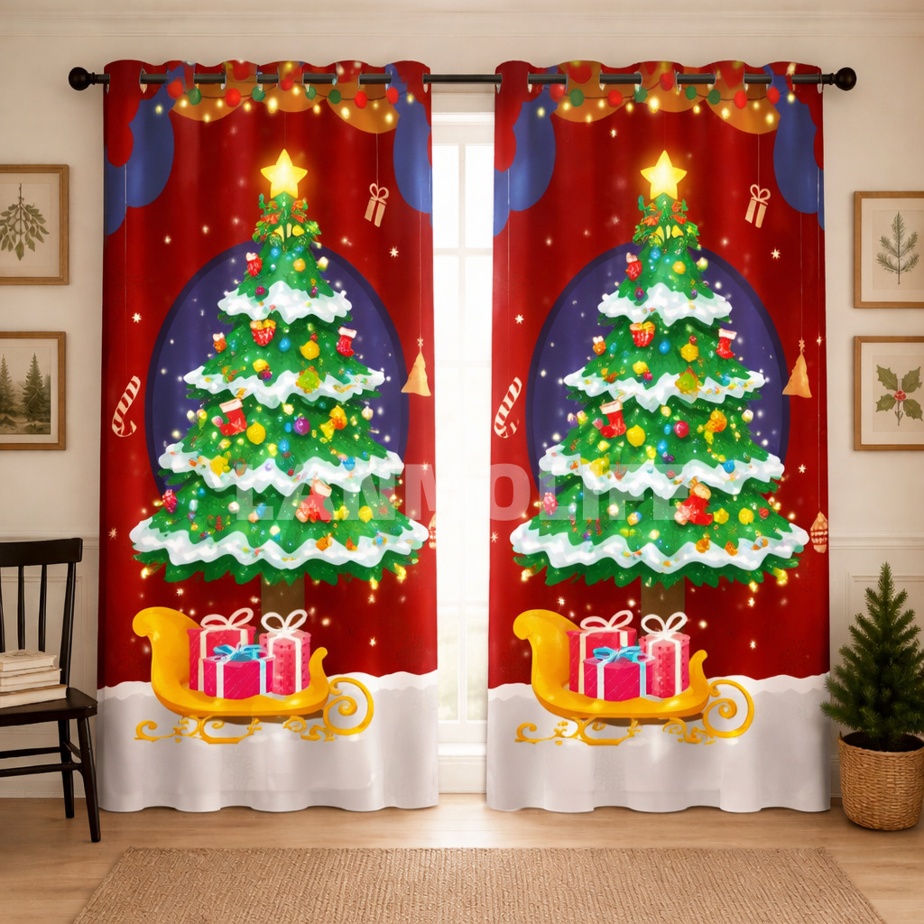 Impresión transfronteriza de cortinas de sombra de Navidad Europa y América decoración de Navidad ventana de piso sin perforación cortina de sombra al por mayor TEMU