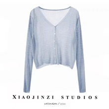 长袖夏季仿亚麻针织衫女开衫外搭短款韩版披肩薄款空调衫防晒0626