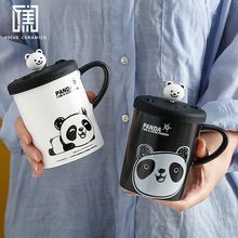 创意可爱卡通熊猫陶瓷马克杯时尚萌趣办公室家用卡通水杯带硅胶盖