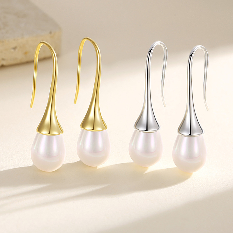 Pendientes de perlas simples de plata 925 pendientes elegantes en forma de gota de estilo francés nicho de moda estilo minimalista pendientes de alto grado