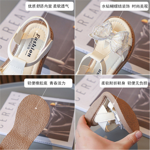 Girls Sandals Summer 2024 New Children's Princess Shoes Casual Bow Little Girls Soft Sole Anti-Slip Summer Style