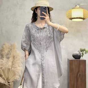 2025 New Summer Solid Color Retro Embroidered Shirt Women's Loose Mid-Length Outer Short-Sleeved Sun Protection Top Thin