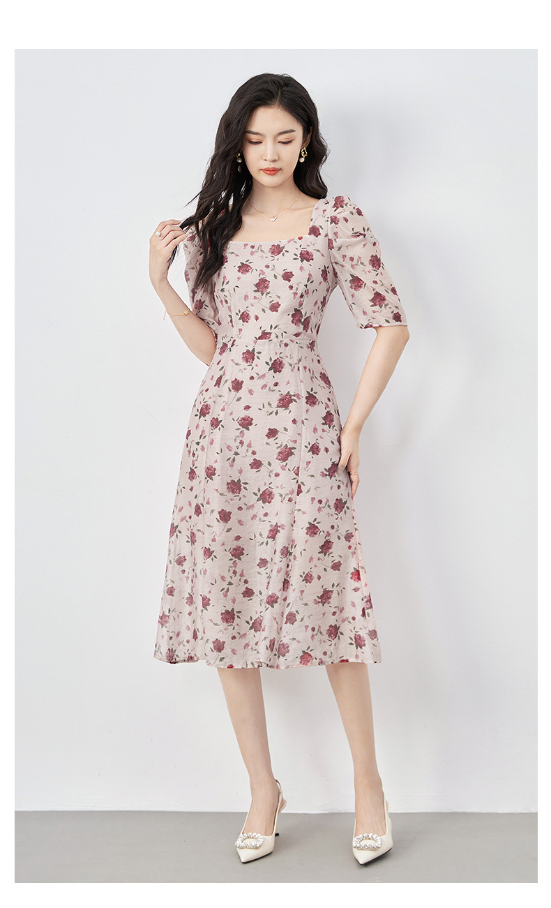 Váy maxi nữ thắt eo tay lỡ in họa tiết chất Tencel Crepe phong cách Pháp — Màu hồng chi tiết 9