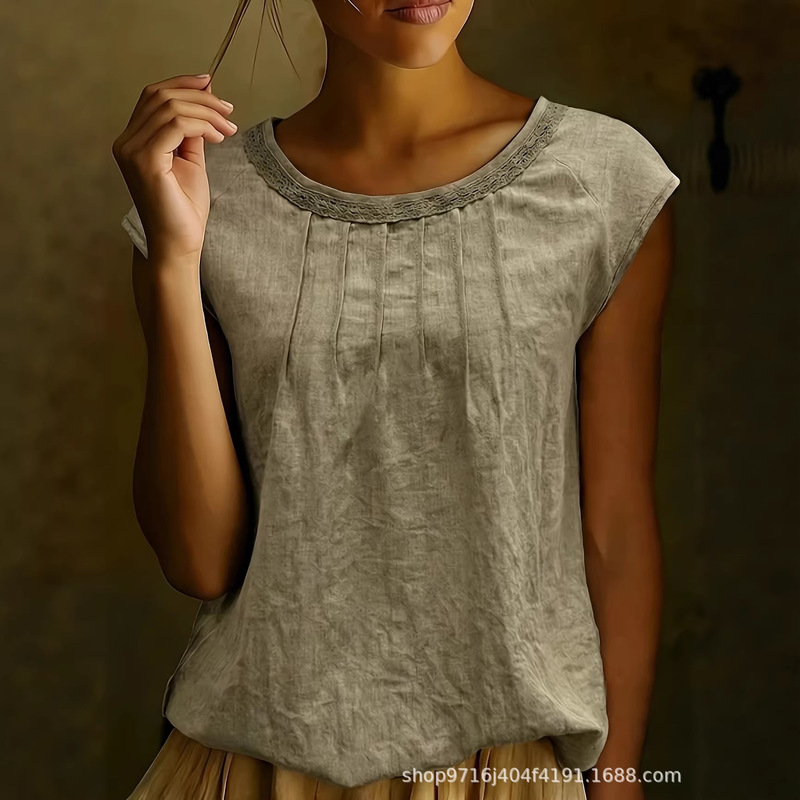 2026 New Cross-Border European and American Women's Retro Loose Casual Solid Color Round Neck Lace Splicing Sleeveless Linen Shirt
