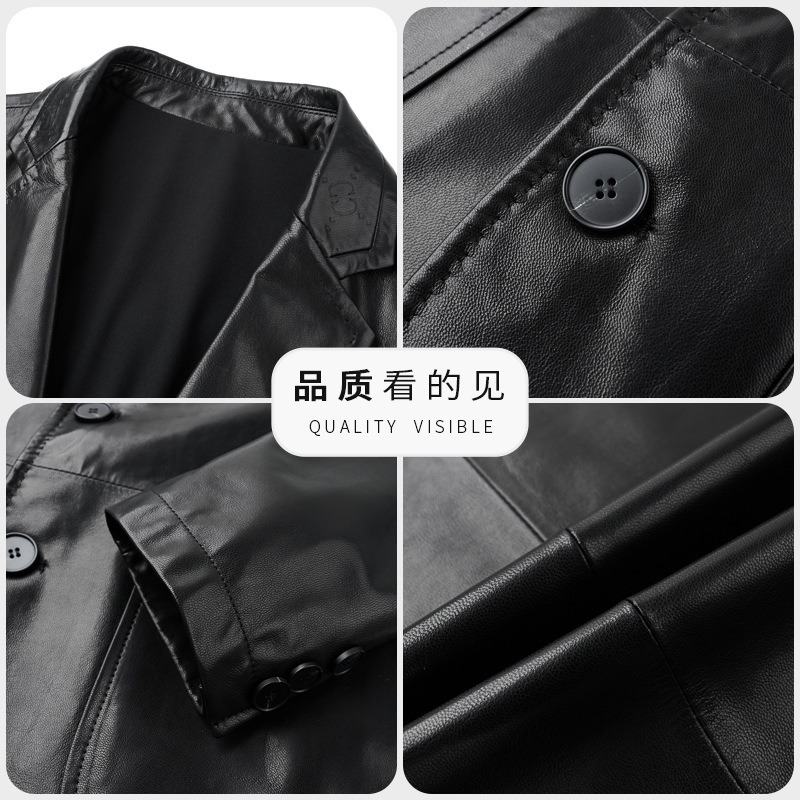 海宁真皮皮衣春秋西装男士牛皮夹克修身薄款休闲小西服外套时尚|undefined